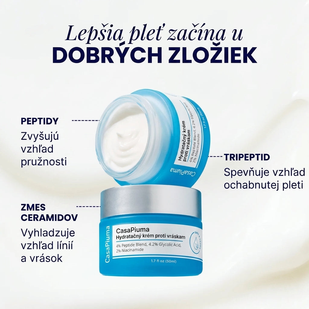 Hydratačný krém proti vráskam CasaPiuma — 4 % peptidová zmes, 4,2 % kyselina glykolová, 2 % niacinamid